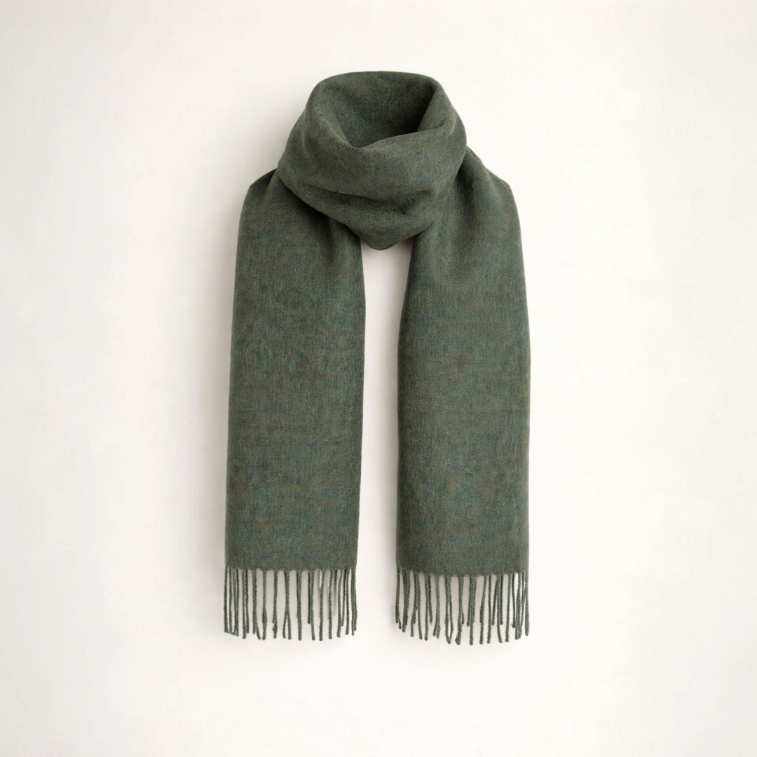 Soft alpaca scarf in green tones, luxury winter gift.