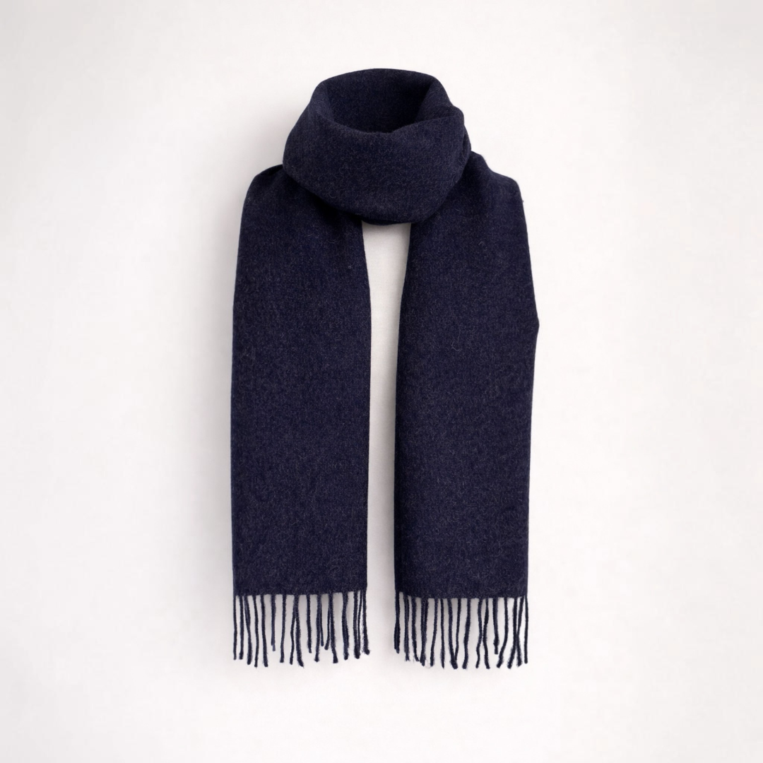 Luxury baby alpaca scarf in navy blue, elegant winter scarf for men.