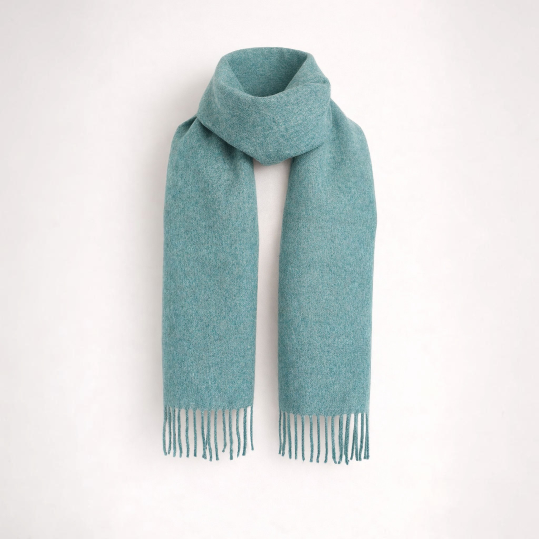 Luxury alpaca scarf in soft green, classic winter gift for her.