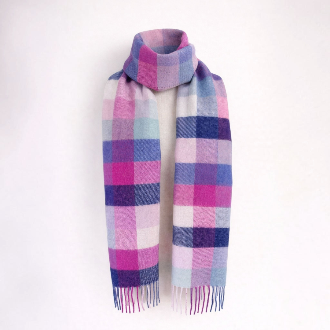 Baby alpaca scarf with bold check design, cosy cold weather accessory.