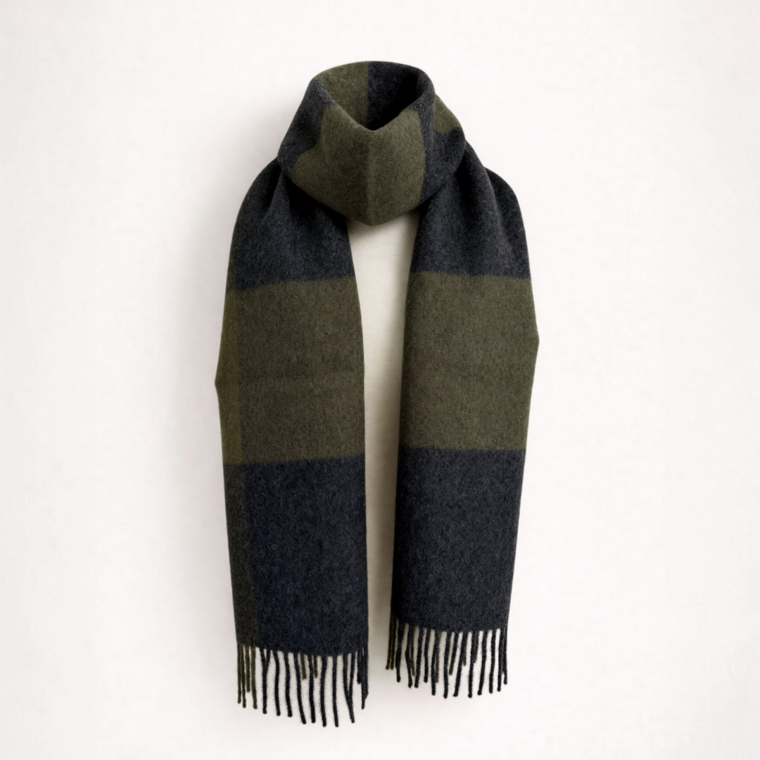 Soft forest green and charcoal alpaca scarf, classic cold weather accessory for everyday wear.