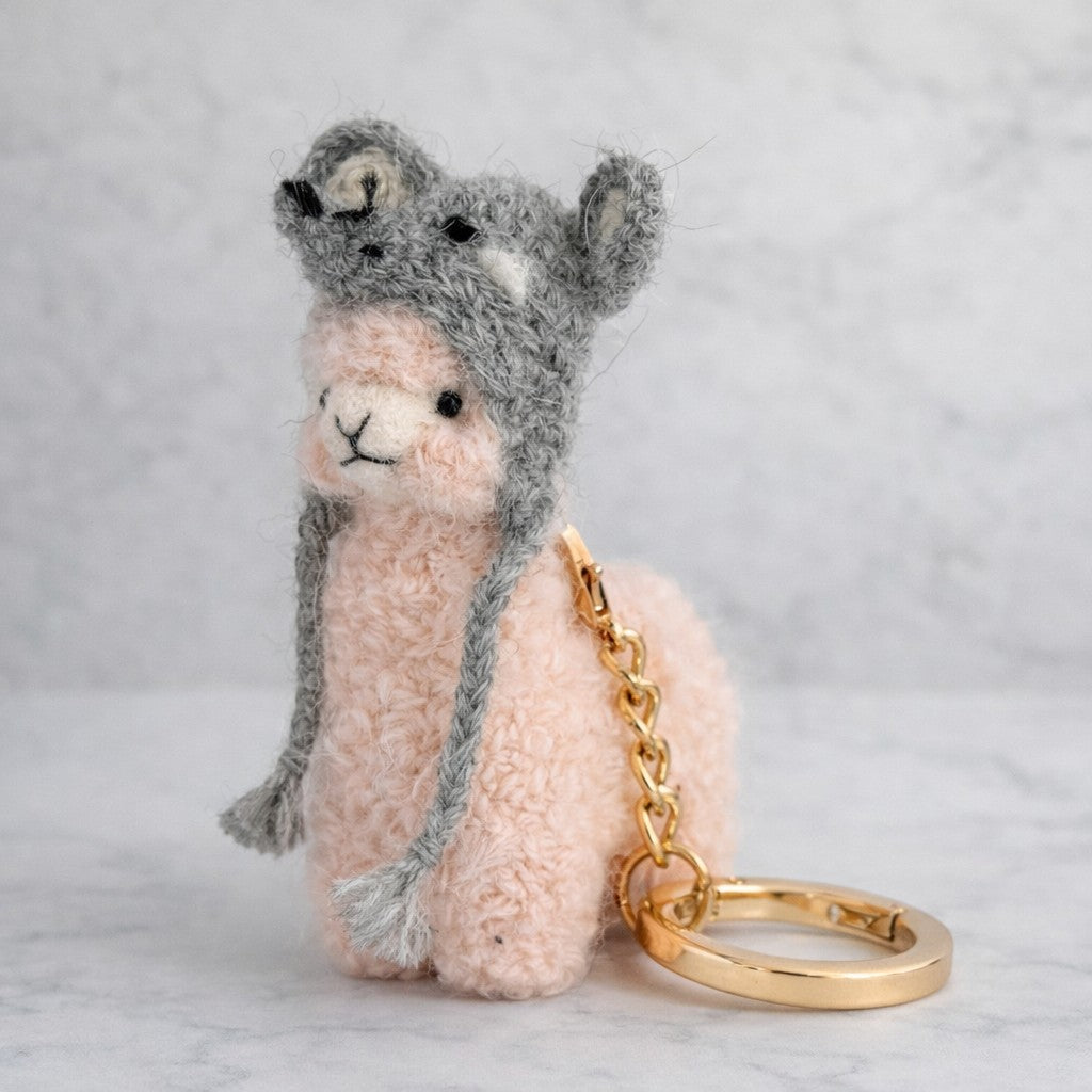 Cute needle felted alpaca keyring with mouse hat
