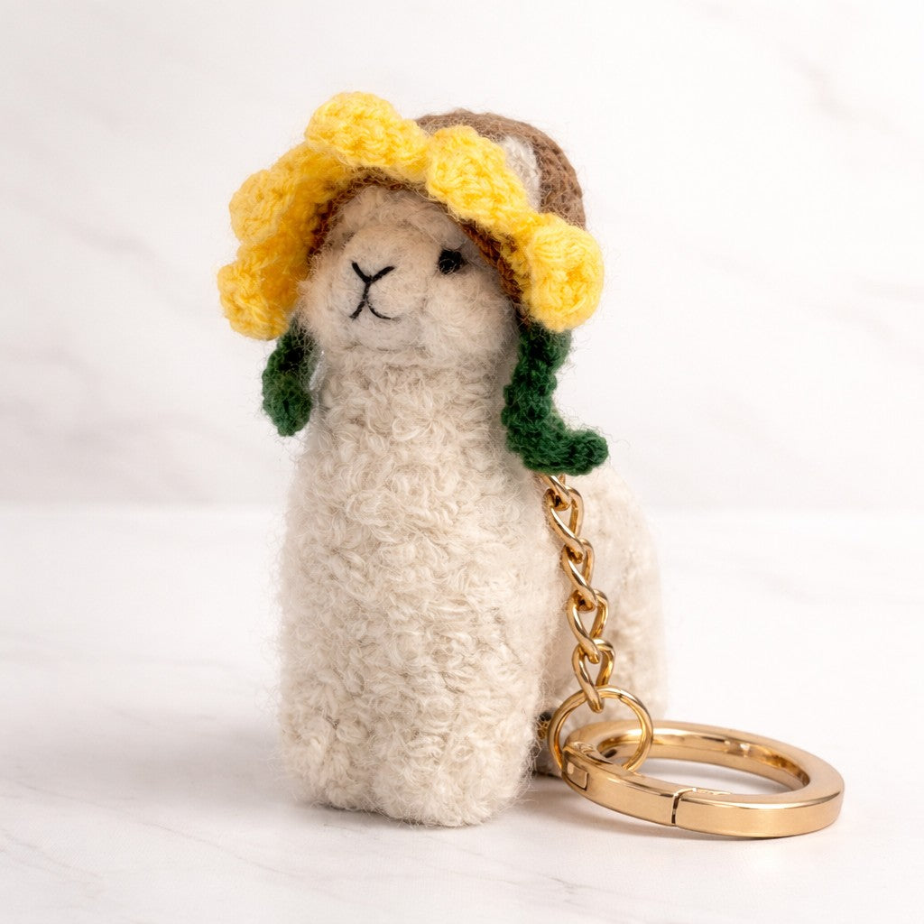 Cute felted alpaca keyring with sunflower hat for gifting