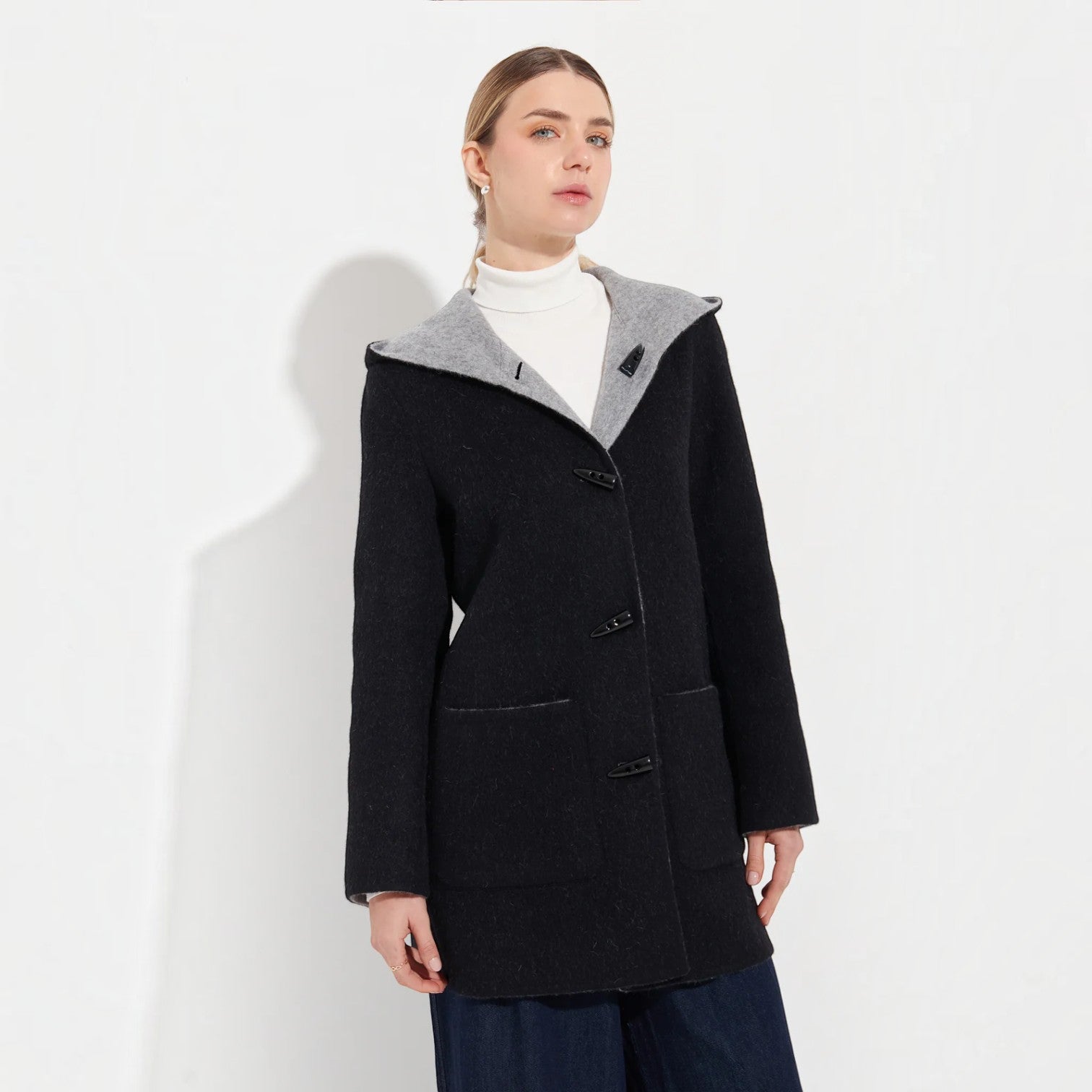Soft baby alpaca reversible coat in black and light grey