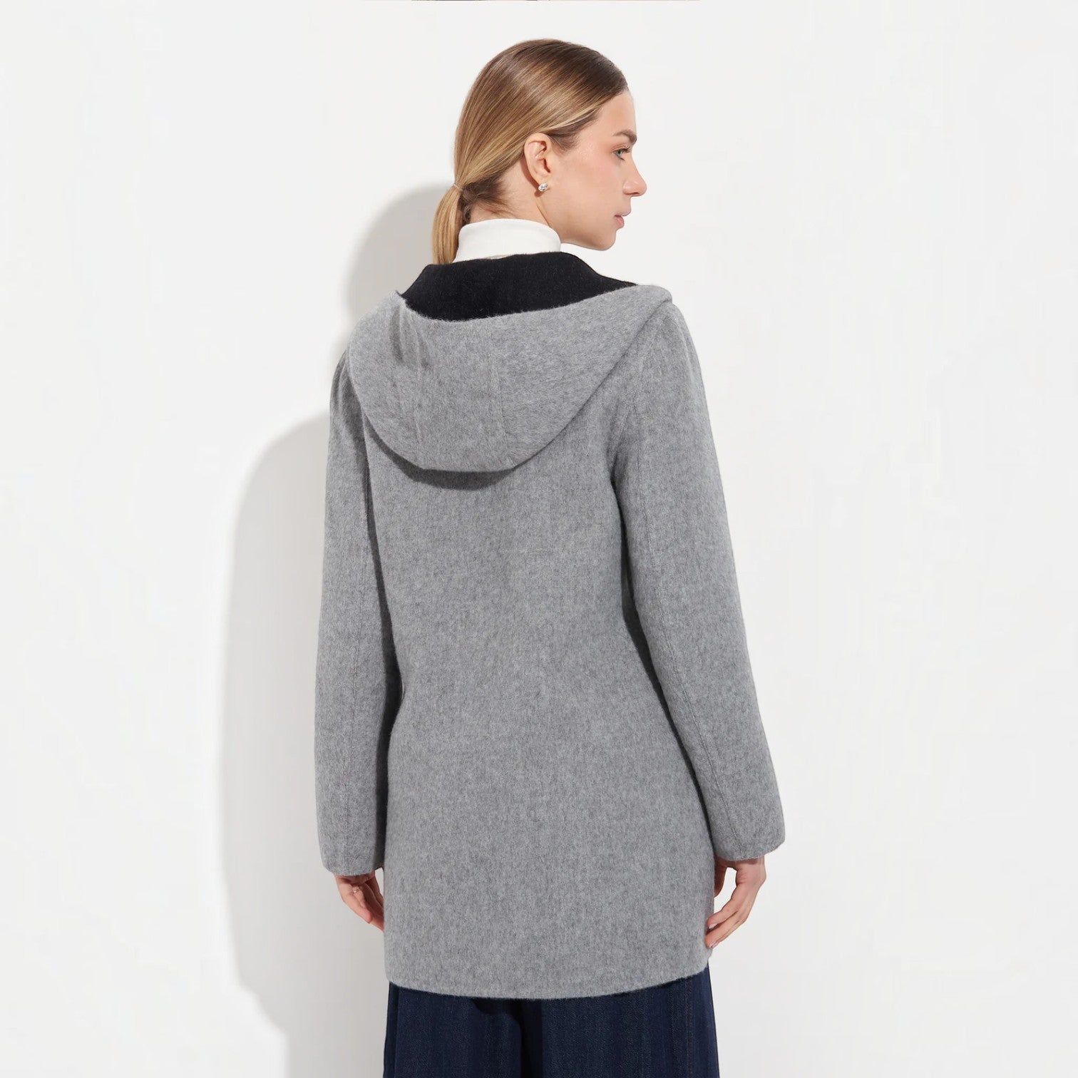 Grey reversible alpaca coat with black collar and front patch pockets