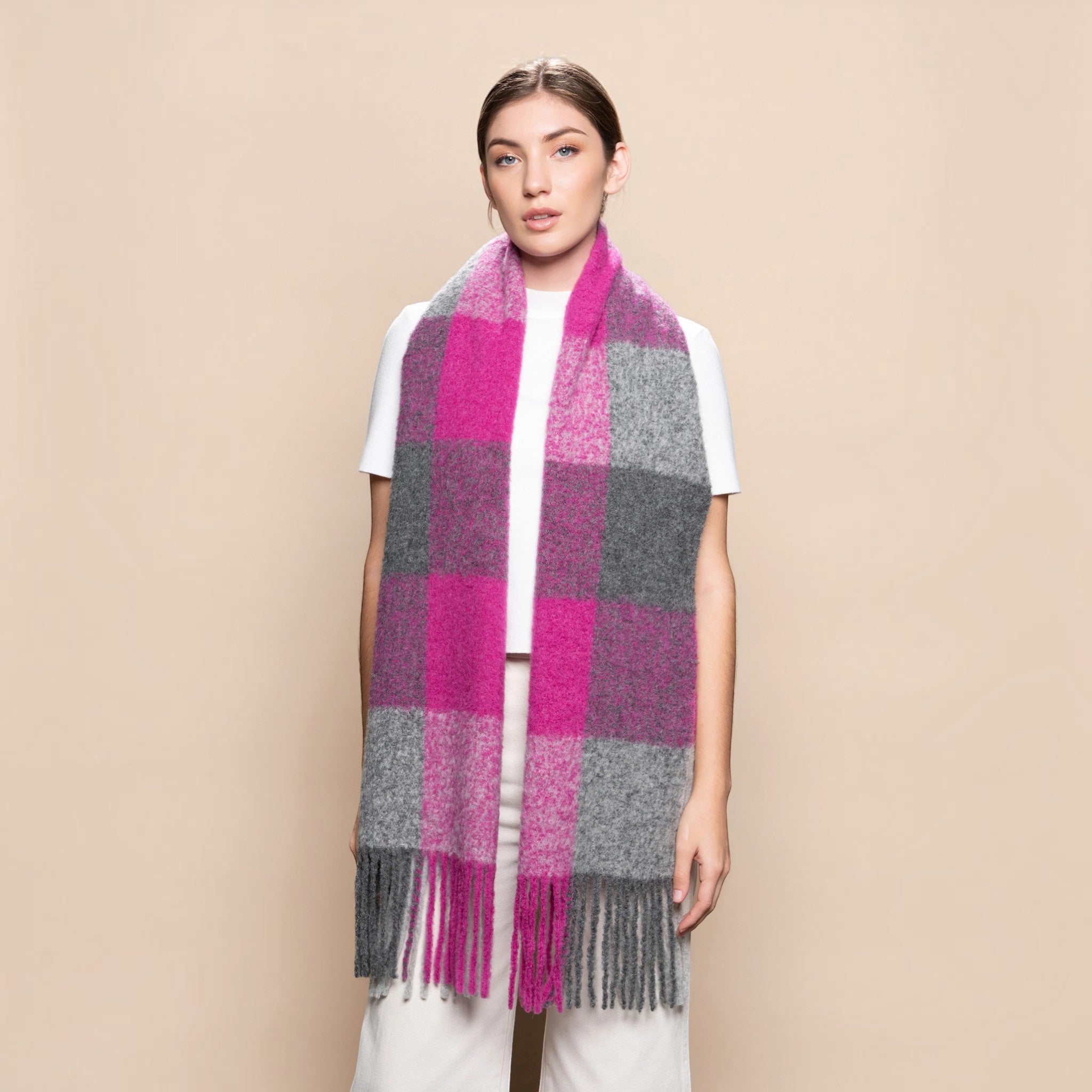 Fuchsia and grey oversized plaid alpaca scarf with fringe