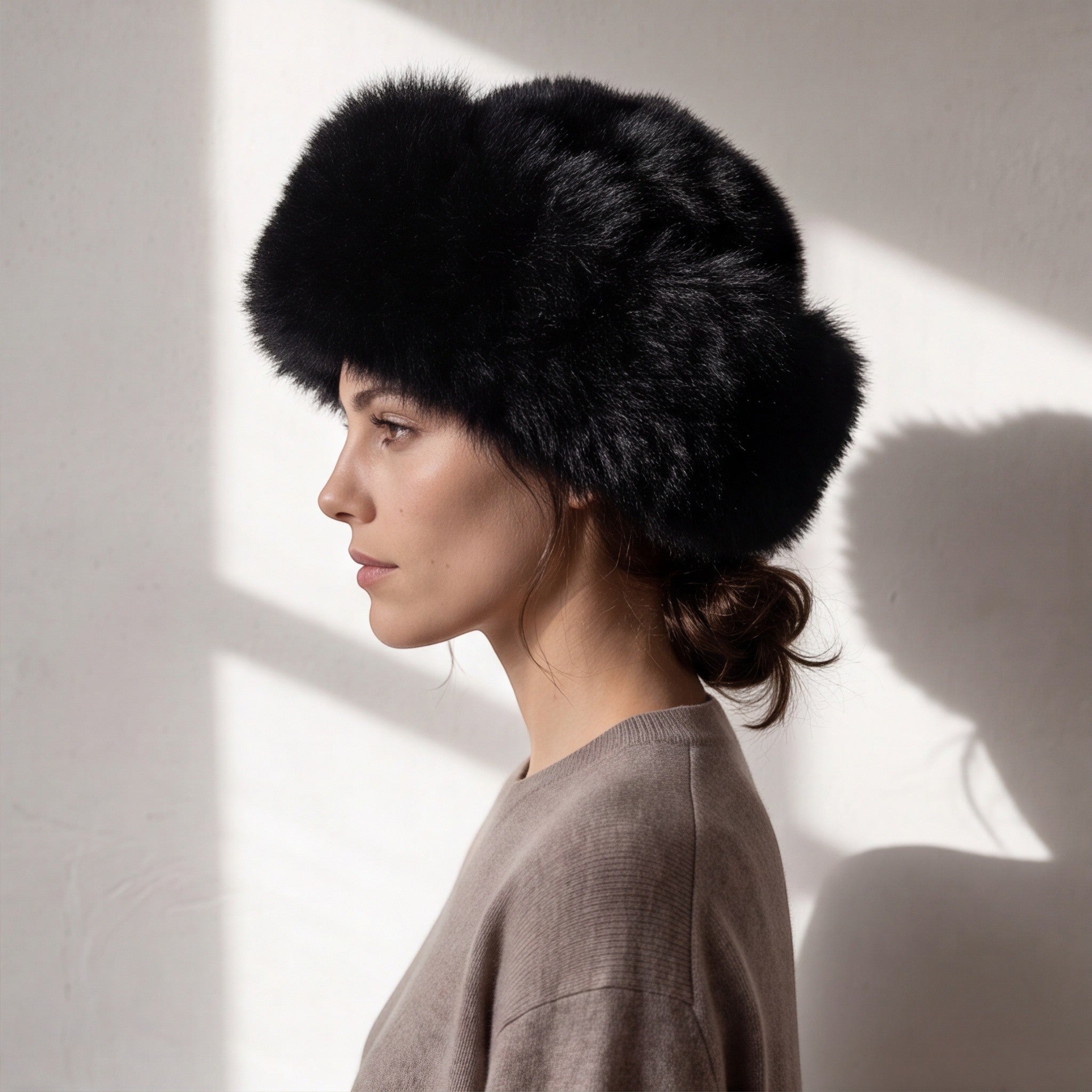 Luxury black alpaca fur winter hat with silky lining