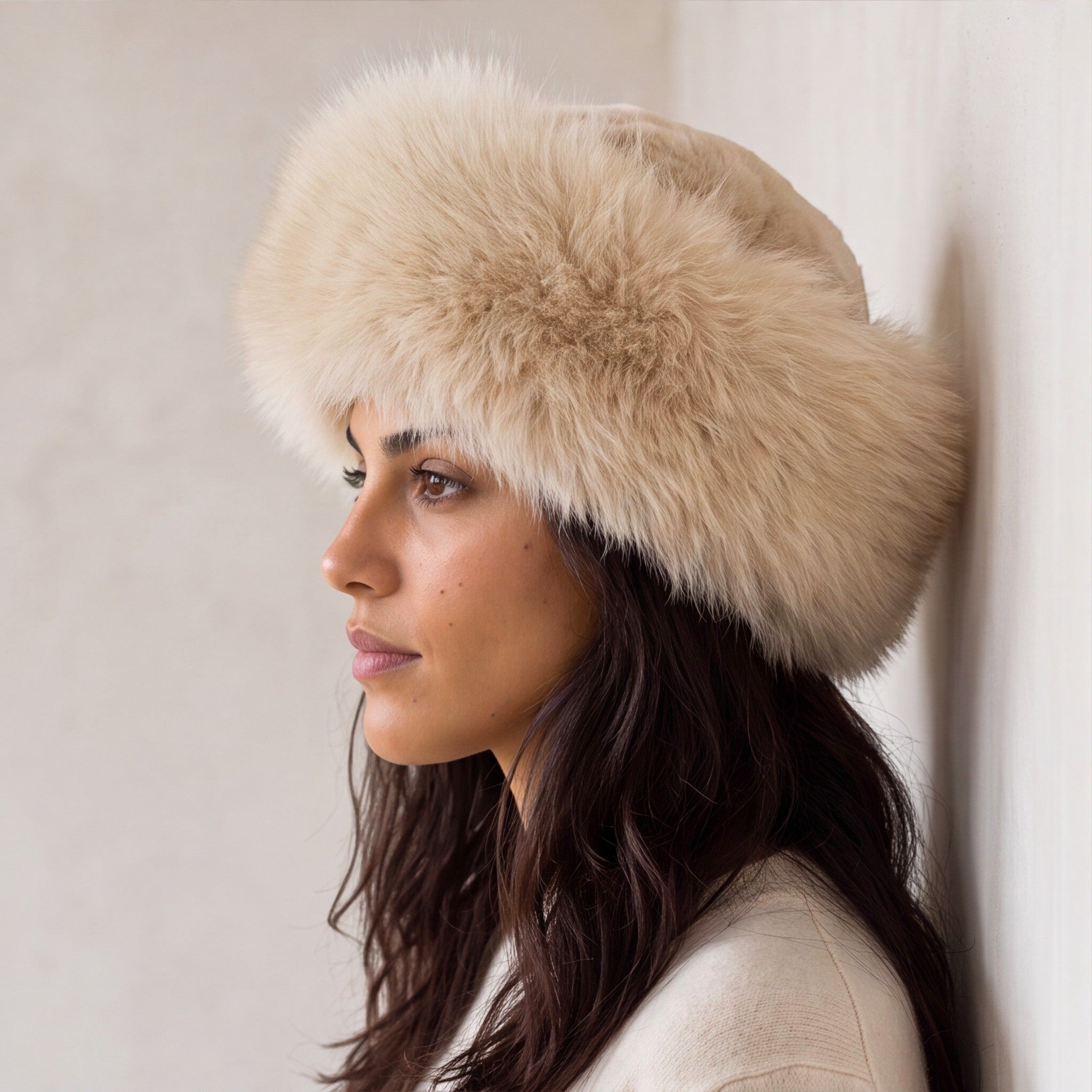 Luxury taupe alpaca fur winter hat with silky lining