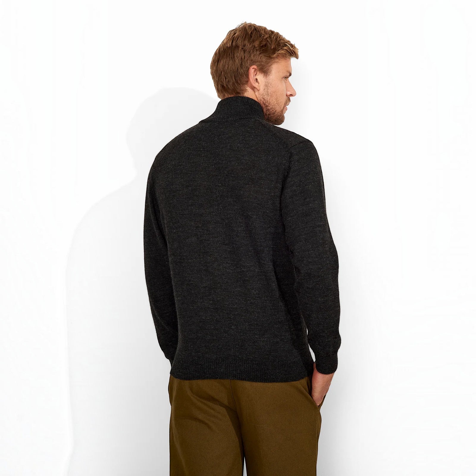 Andreas 100% Baby Alpaca zip cardigan styled on male model