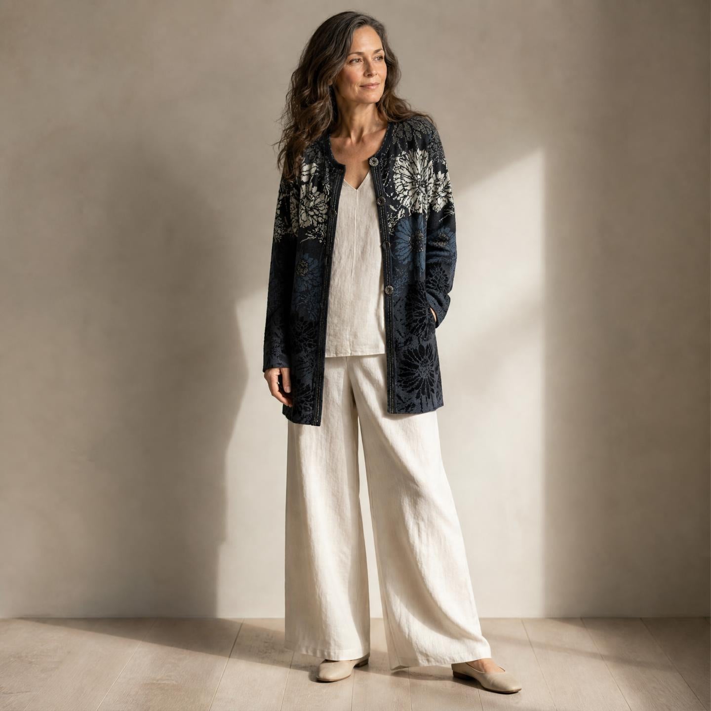 Women’s Annie patterned alpaca cardigan styled with cream pants
