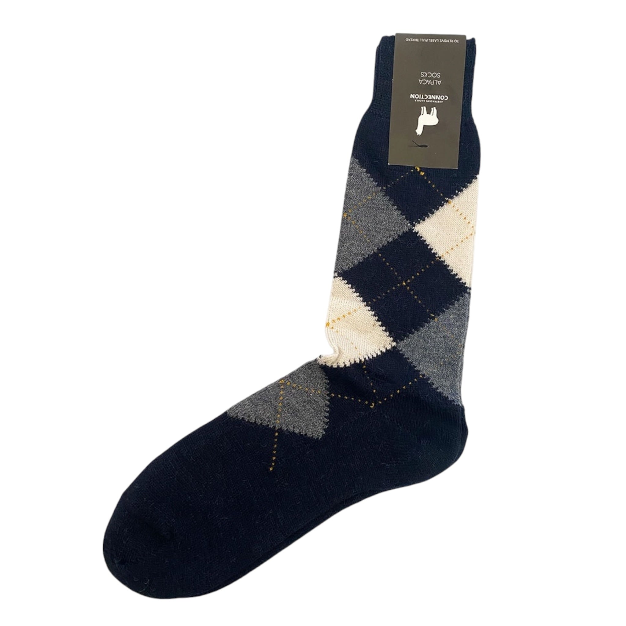 Dark blue, gray, and beige Soft alpaca socks with argyle pattern, cosy cold weather accessory.