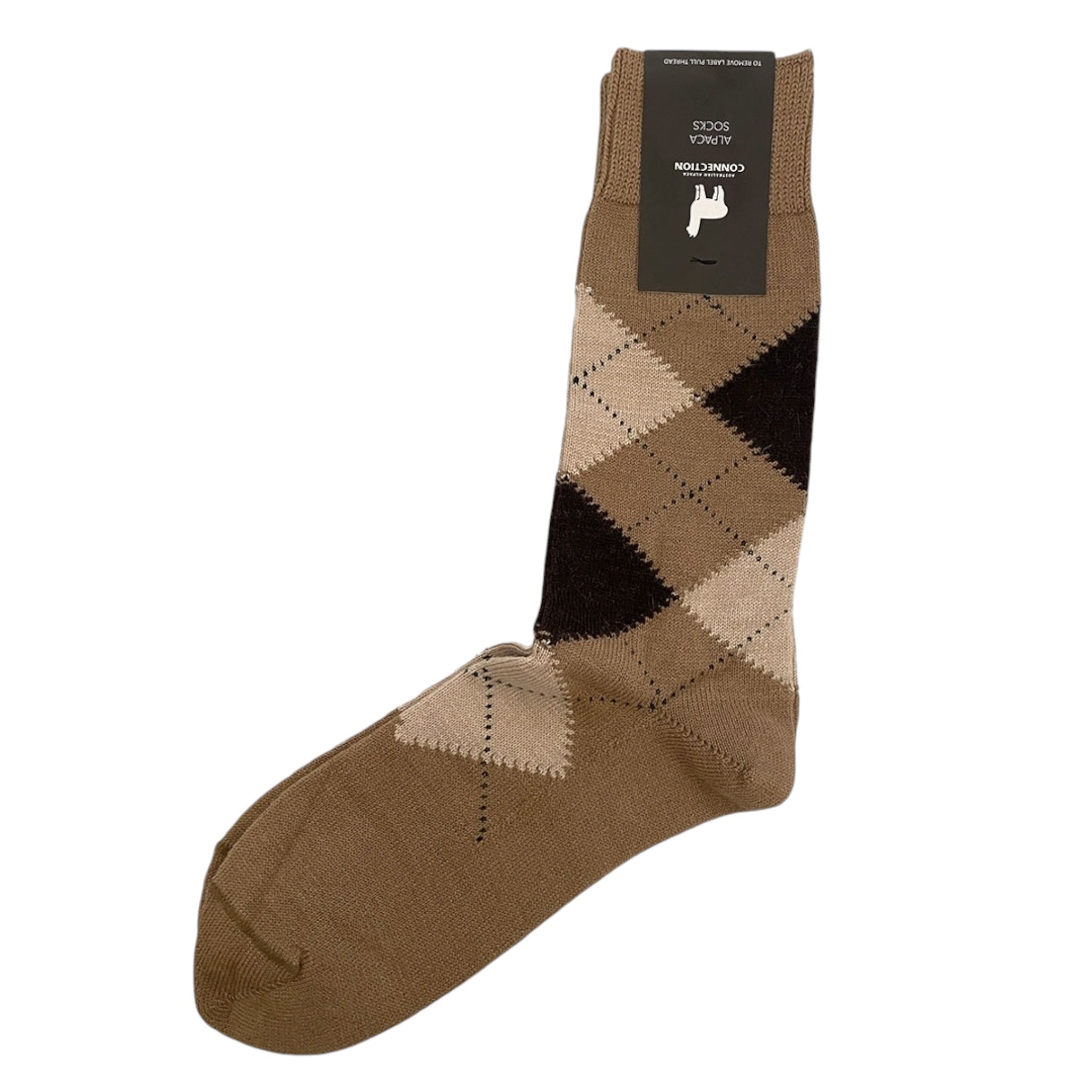 Alpaca blend argyle socks in neutral colours, soft mid-calf winter socks.