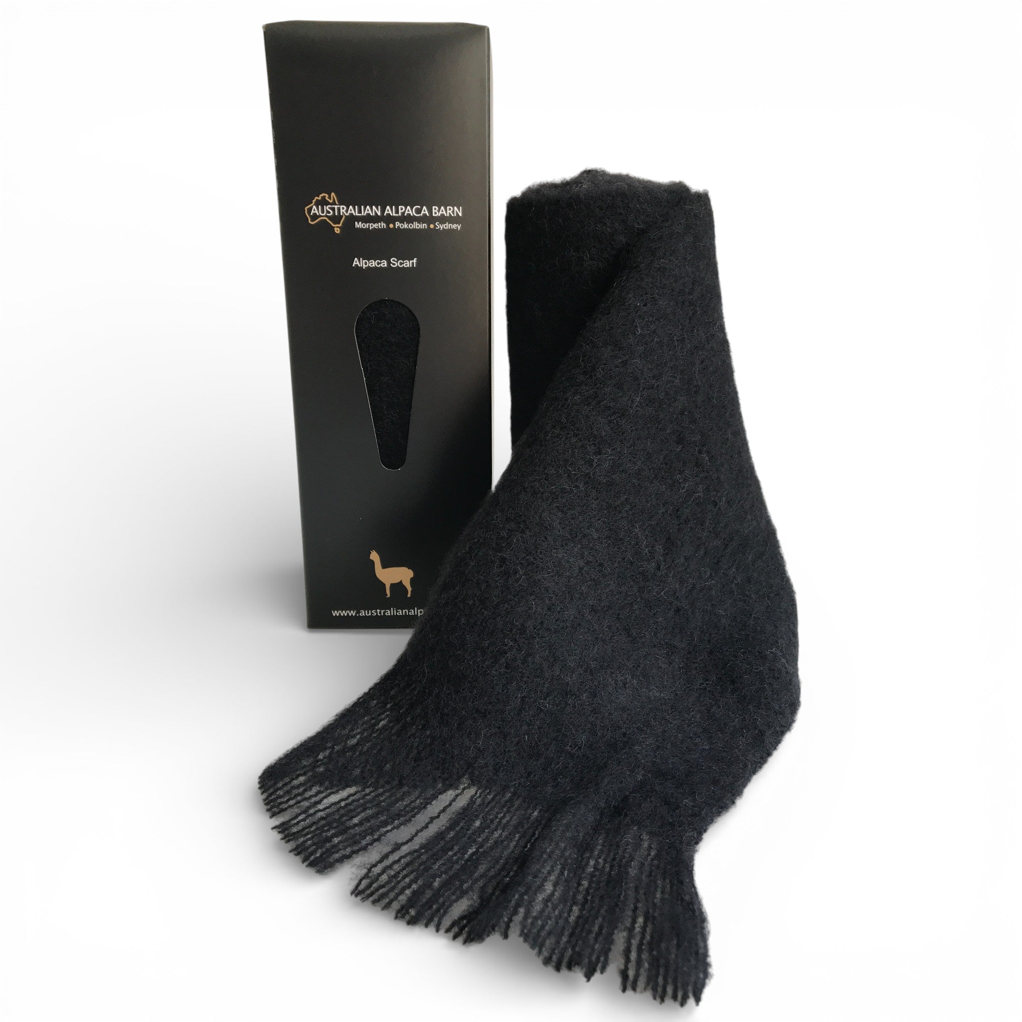 Brushed baby alpaca scarf in black, warm luxury winter accessory.