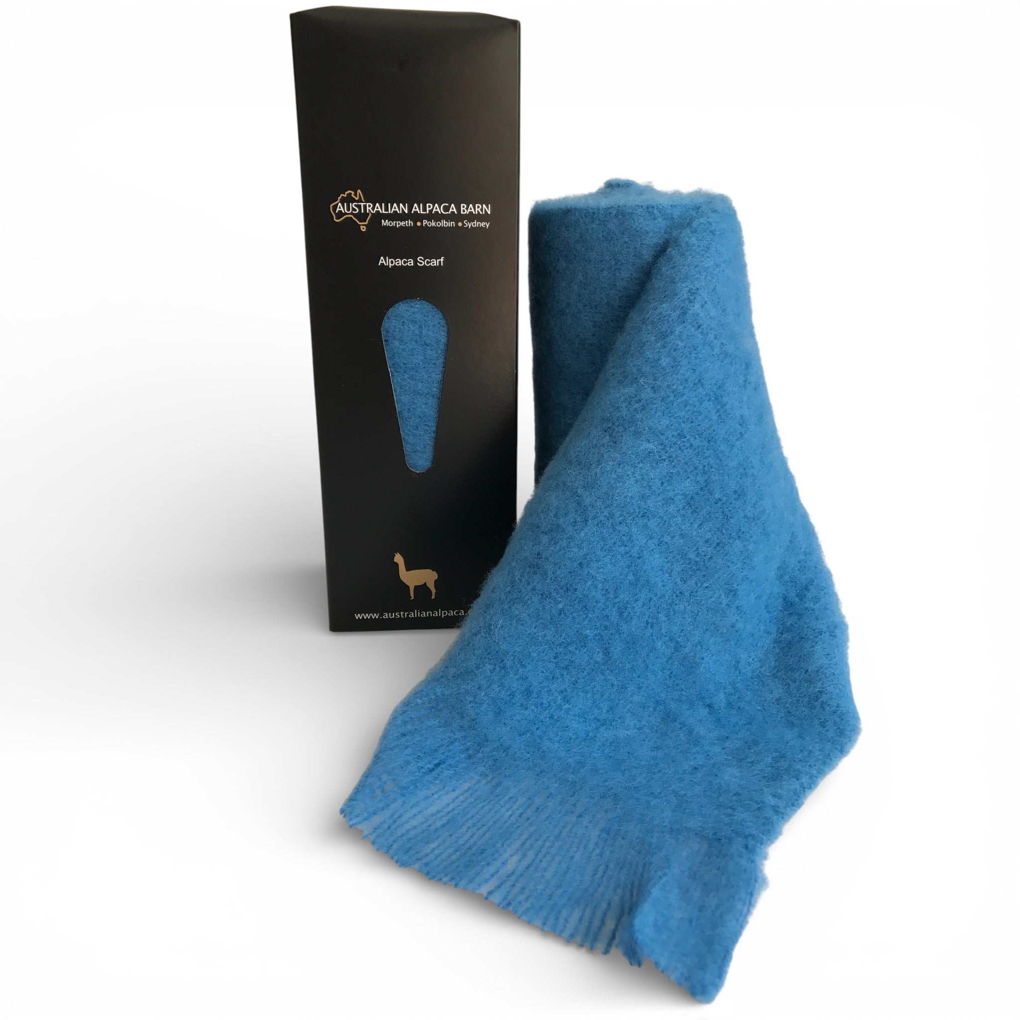 Baby alpaca scarf in blue with brushed finish, cosy natural fibre cold weather accessory.