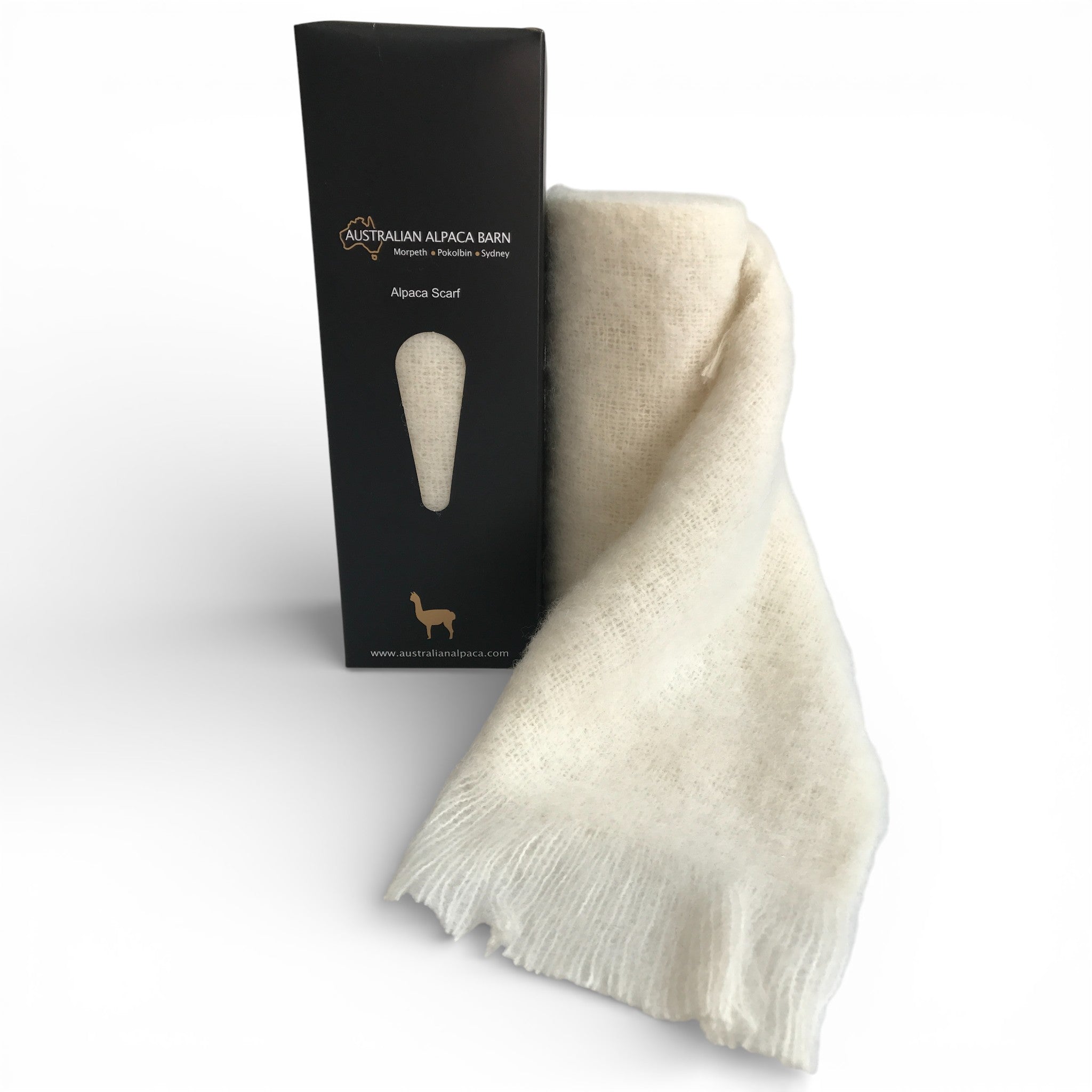 Brushed baby alpaca scarf in natural cream, soft warm winter accessory.
