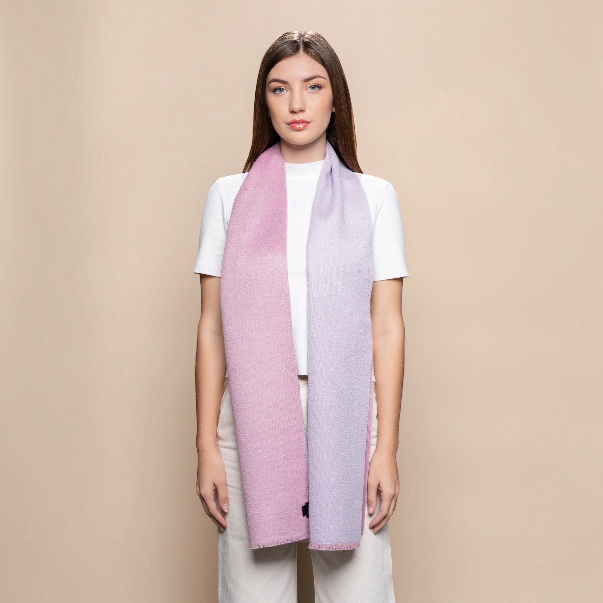 Soft pink and light purple reversible Baby Suri Alpaca scarf with delicate pastel tones