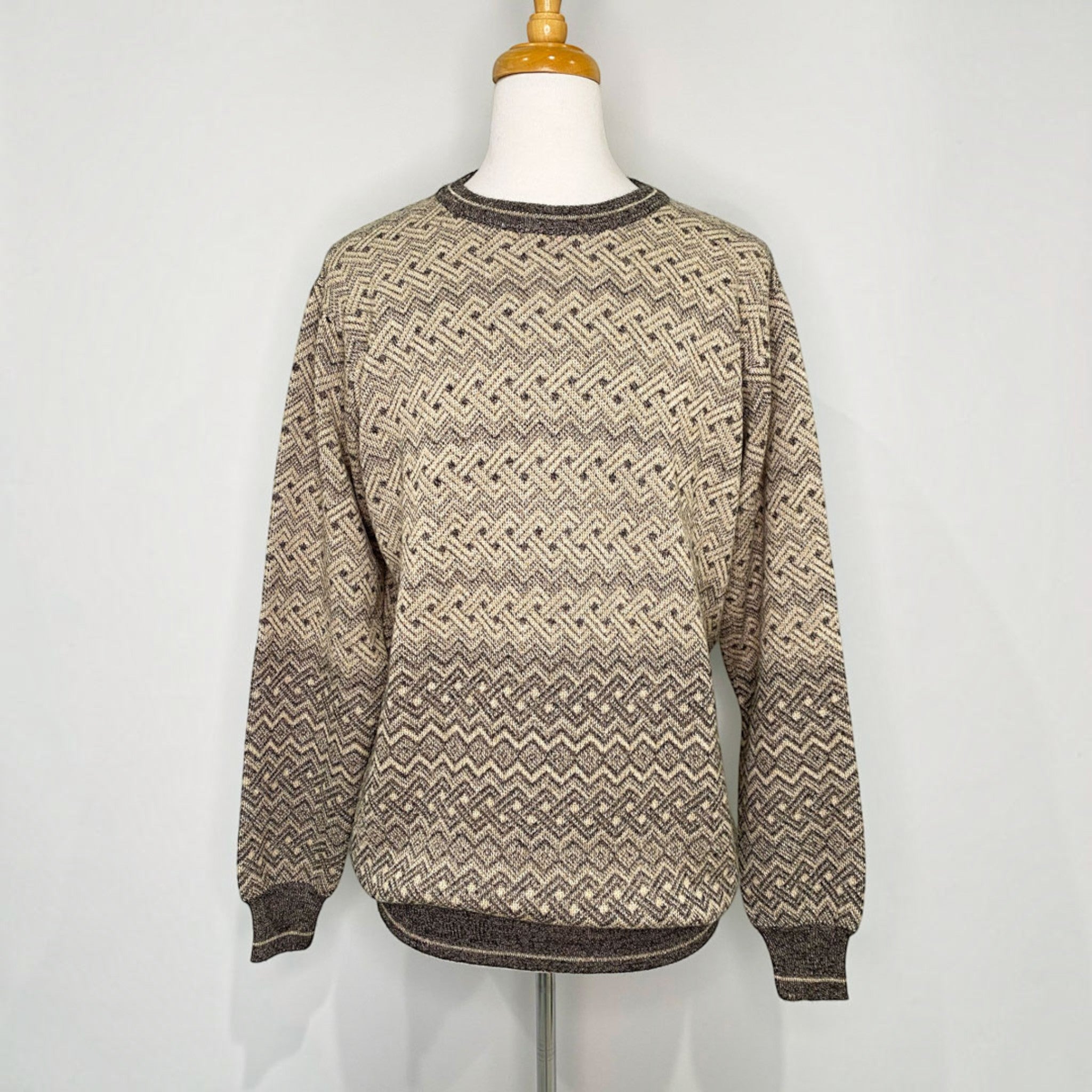 Men’s Basil alpaca sweater with cream and brown geometric pattern