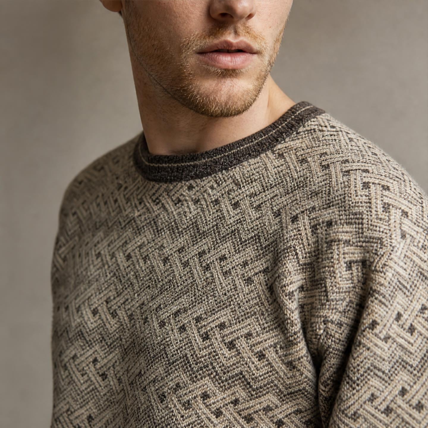 Cream and brown men’s alpaca sweater with textured pattern
