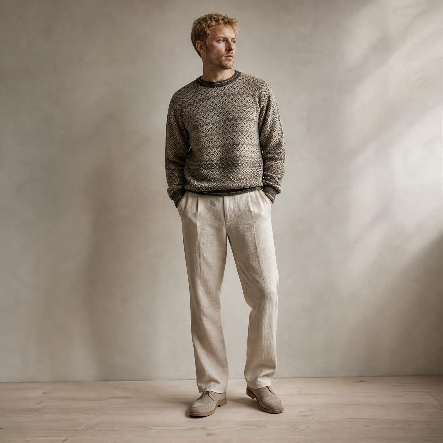 Men’s alpaca crew neck sweater with traditional geometric knit design