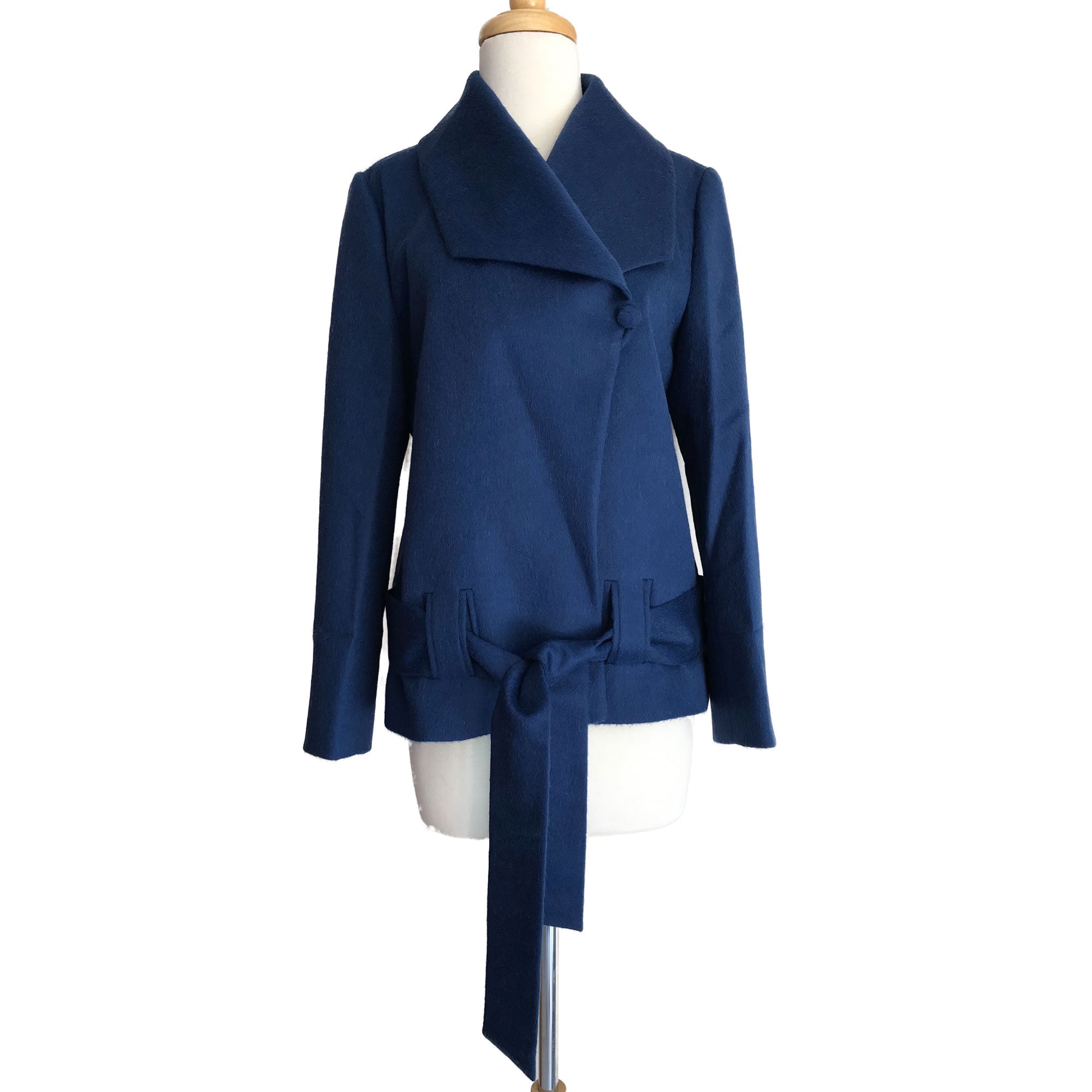 Soft blue alpaca winter jacket with elegant wrap silhouette