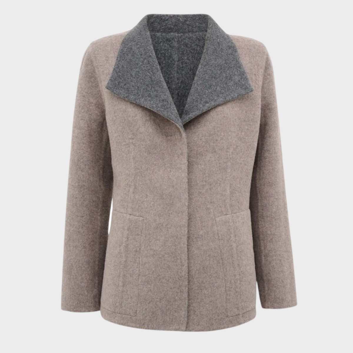 Camelia reversible women’s Baby Alpaca jacket in grey with beige contrast