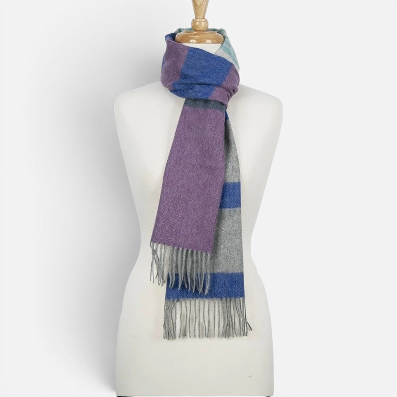 Blue, purple and grey checked cashmere scarf with fringed ends