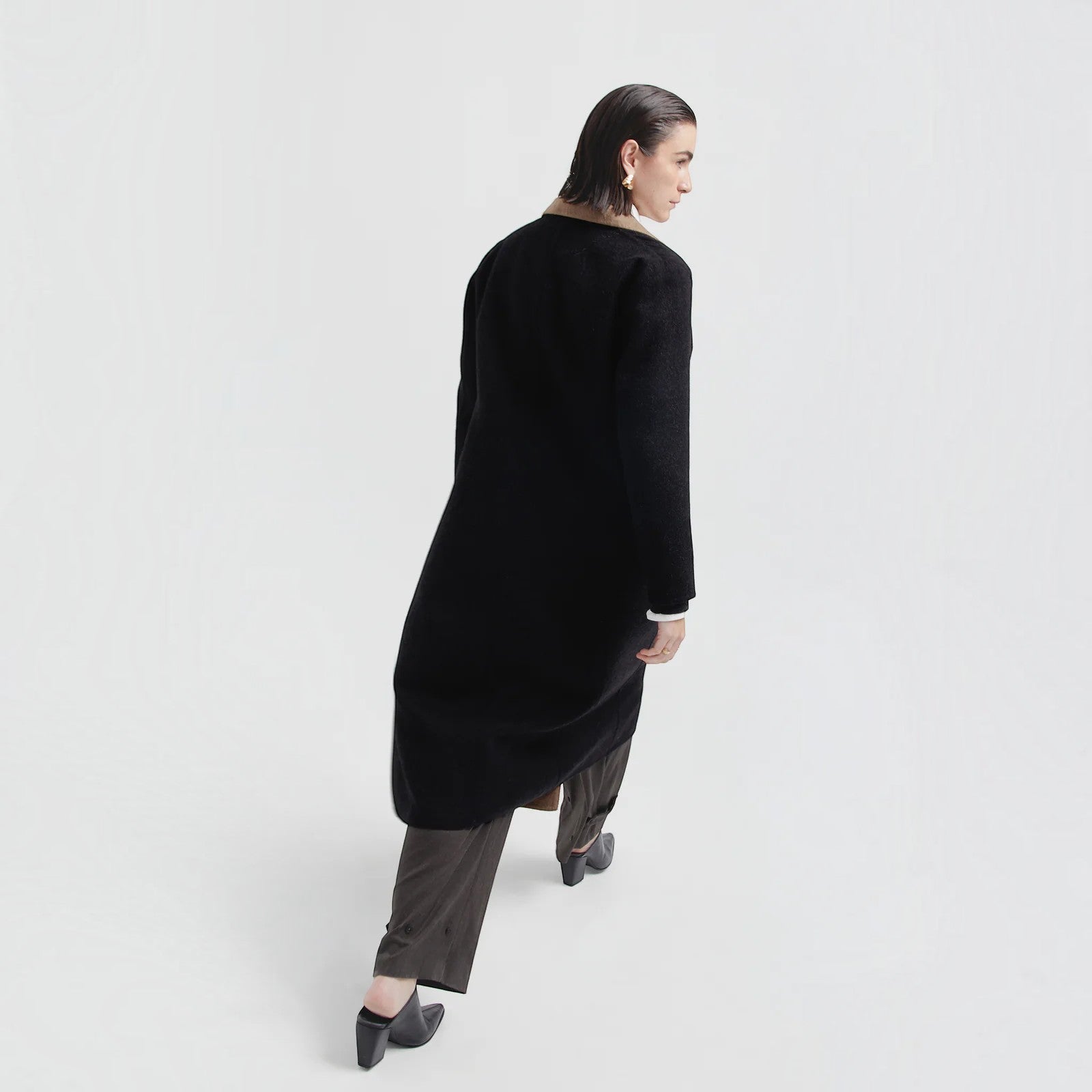 Women’s camel and black reversible Baby Alpaca winter coat