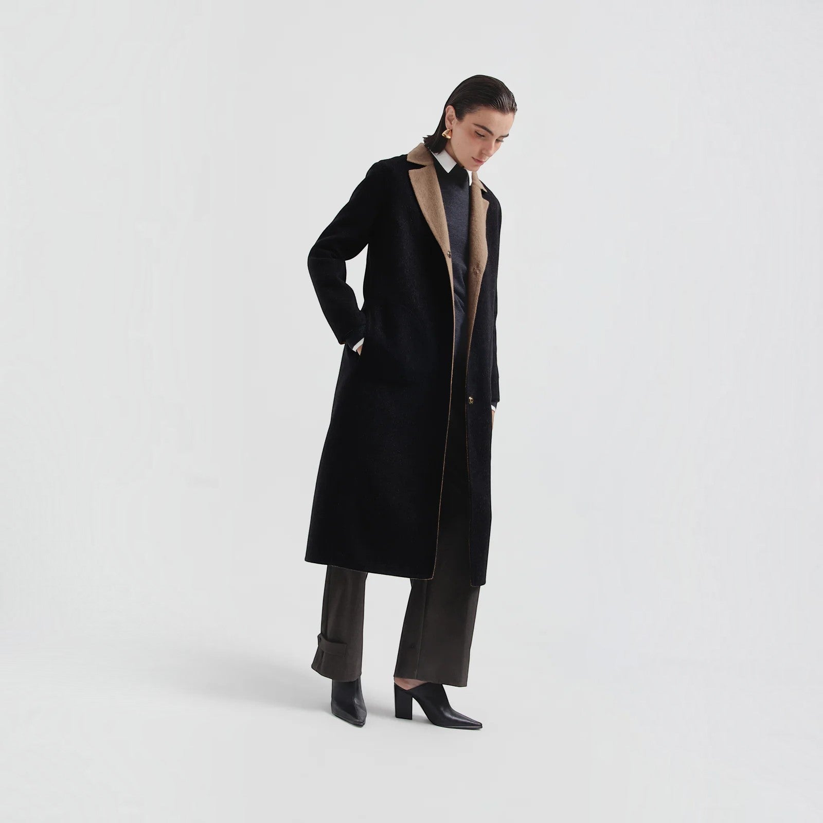 Kuna Caviar longline alpaca blend coat with notched lapels and patch pockets