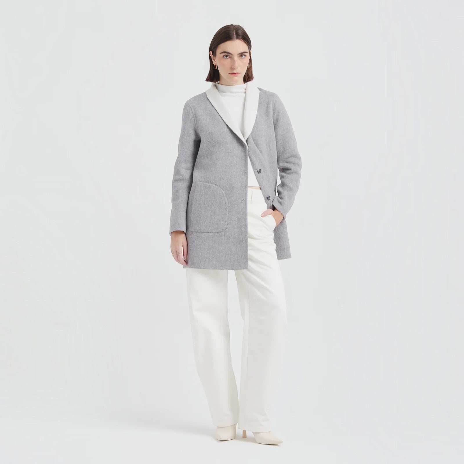 Women’s white Baby Alpaca and Wool Coat with grey contrast lapels