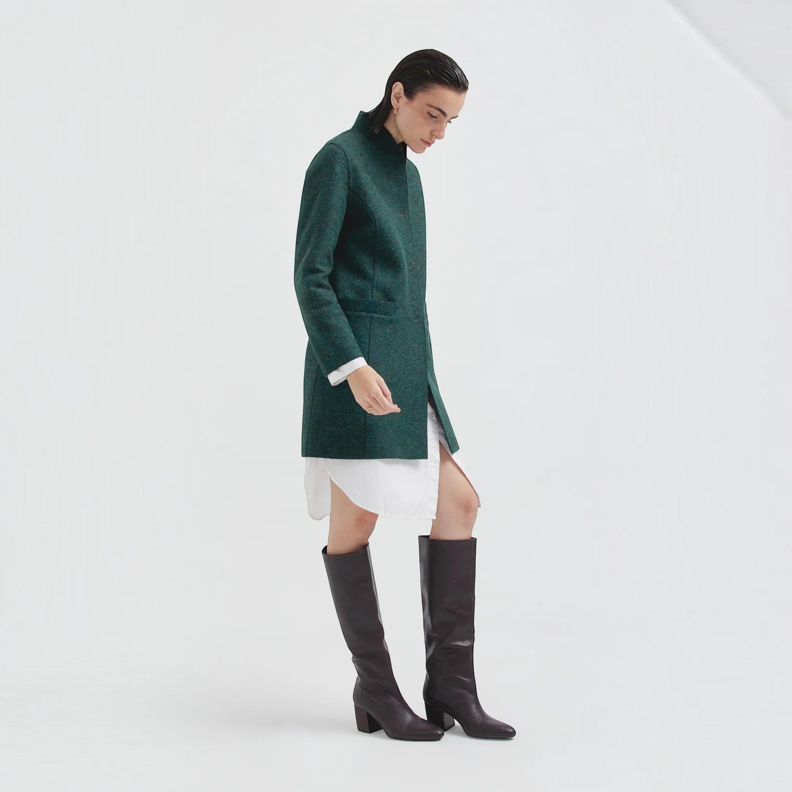Charlotte women’s Alpaca and Wool Coat in forest green with clean minimalist styling