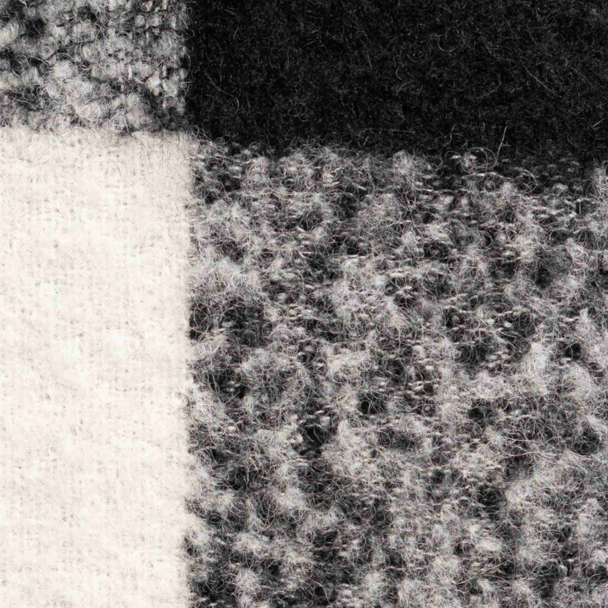 Swatch of Chunky alpaca blend plaid scarf in black, grey and white