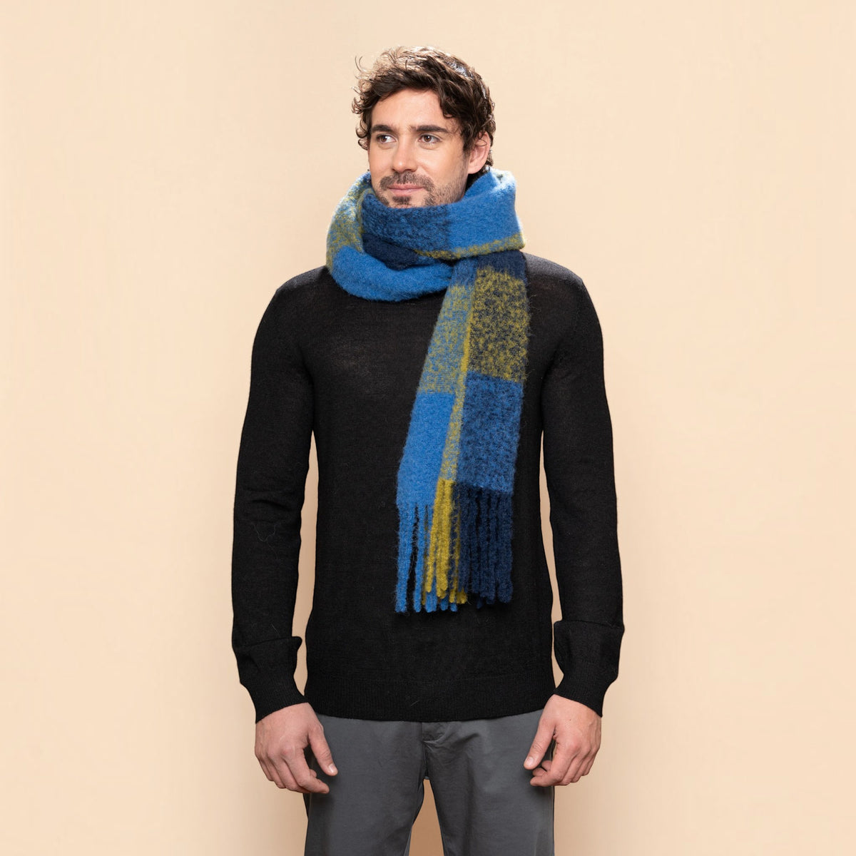 Chunky alpaca blend plaid scarf in navy, blue and green