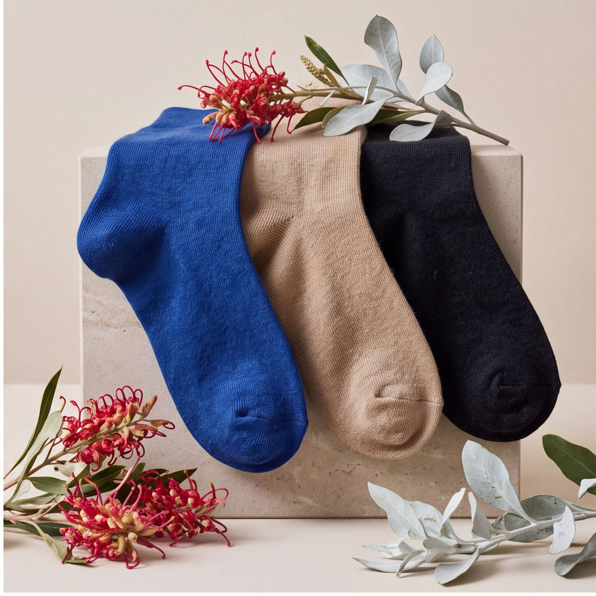 Alpaca Dress socks in Blue, Fawn and Black, with Australian Natives