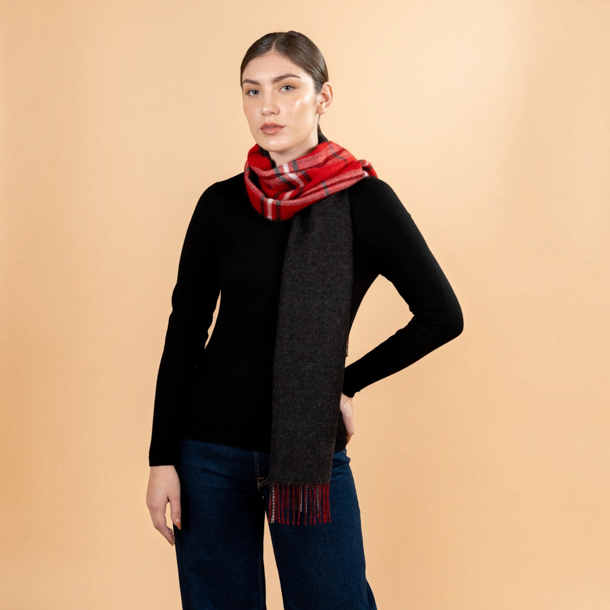 Luxury black and red plaid scarf in 99% Baby Alpaca and 1% Silk with fringed ends