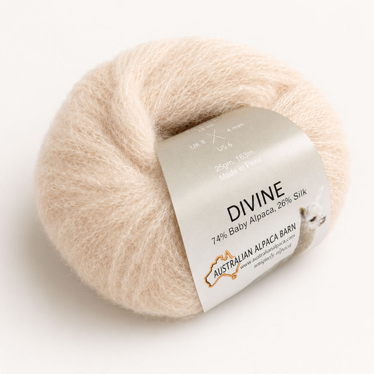 Australian Alpaca Barn Baby Suri Alpaca and Silk yarn ball in Champane