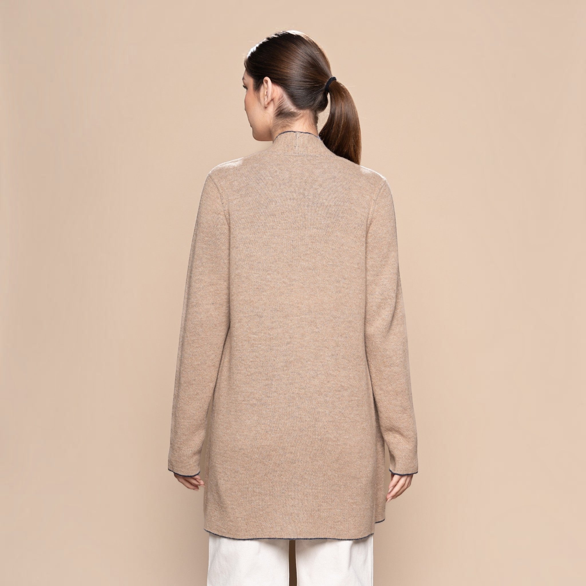 Women’s 100% Baby Alpaca swing cardigan rear view camel colour