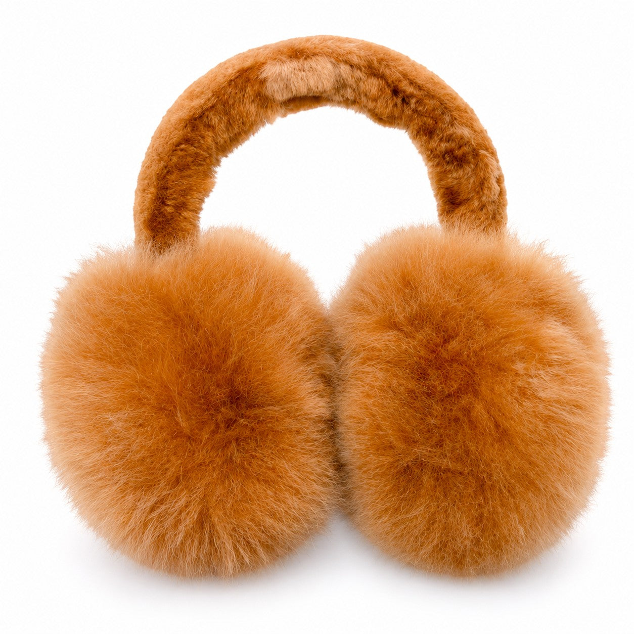 Luxury alpaca fur ear muffs in camel, warm fluffy winter accessory.