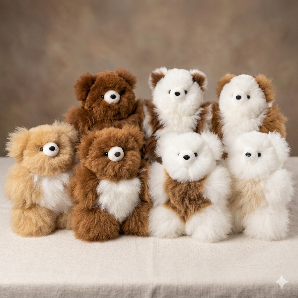 Soft alpaca fun size fur teddy bears in natural colours, fluffy luxury gift.