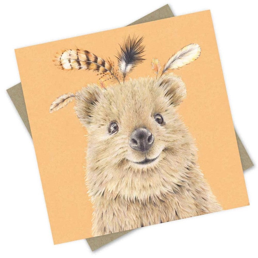 Australian made greeting card featuring a smiling illustrated quokka decorated with colourful Australian bird feathers