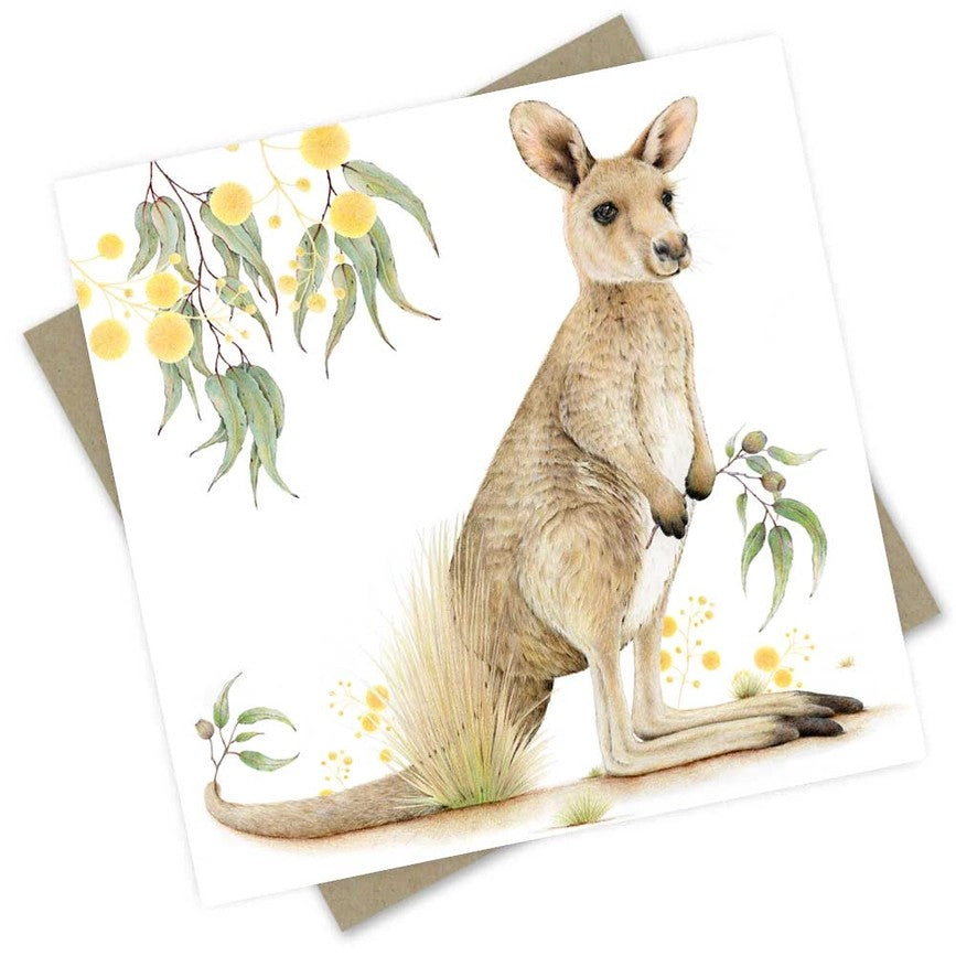 Australian made greeting card featuring an illustrated kangaroo surrounded by golden wattle and eucalyptus foliage