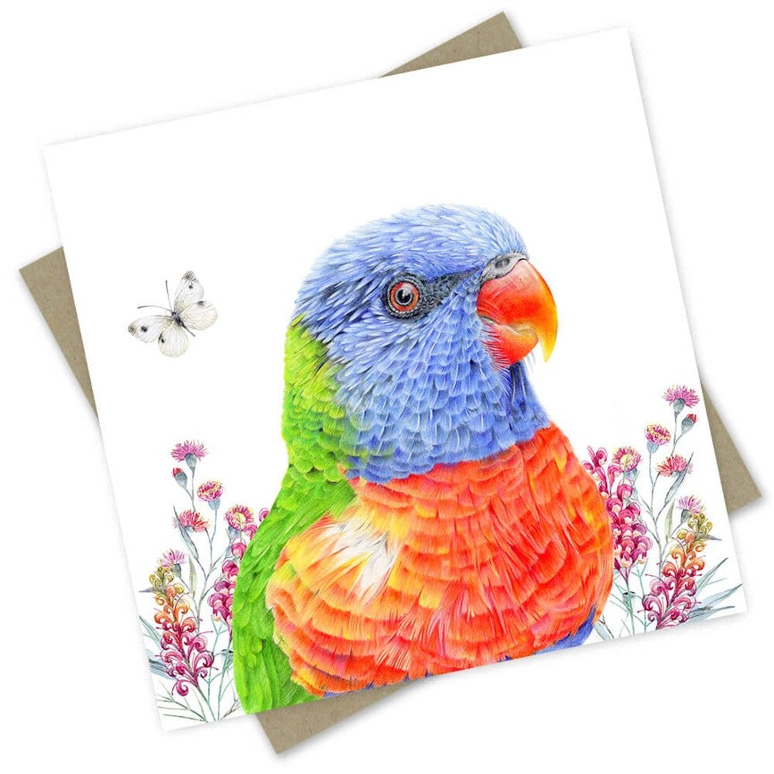Australian made greeting card featuring a colourful rainbow lorikeet surrounded by native Australian wildflowers