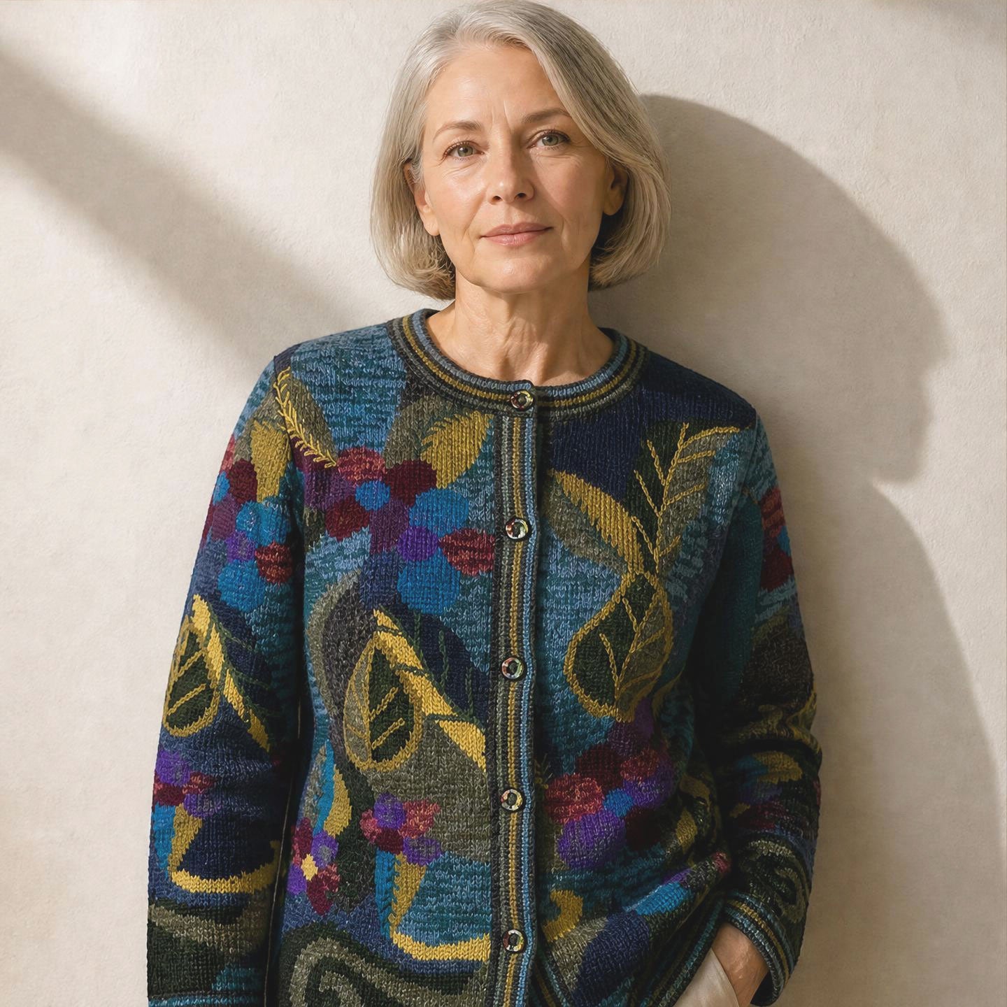 Hand knitted alpaca cardigan with rich botanical colours and button front