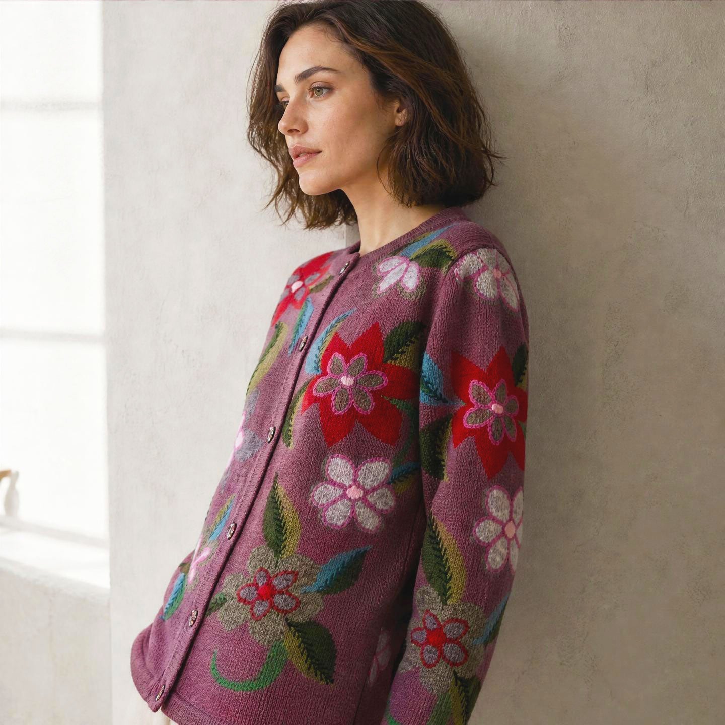 Jasmine 100% alpaca cardigan with colourful floral pattern and hand painted buttons