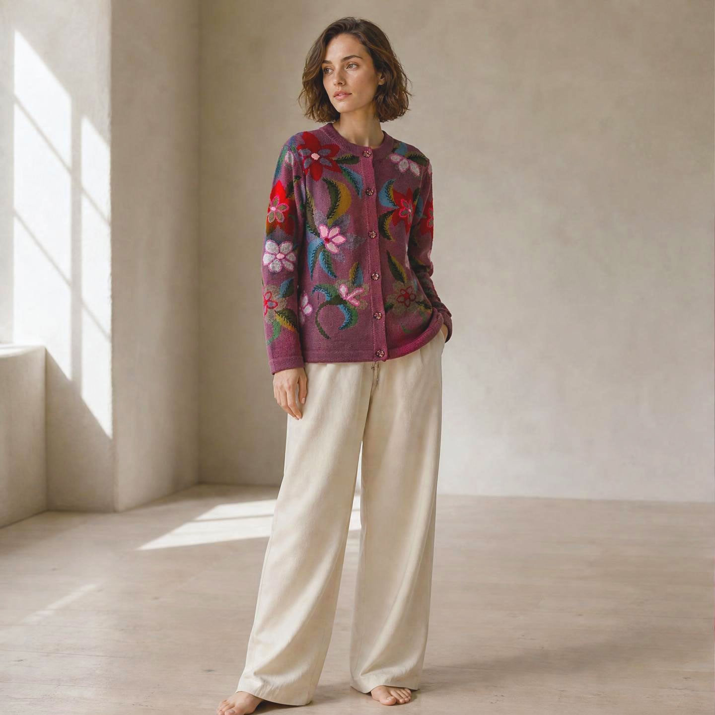 Female model wearing Jasmine hand knitted plum floral alpaca cardigan