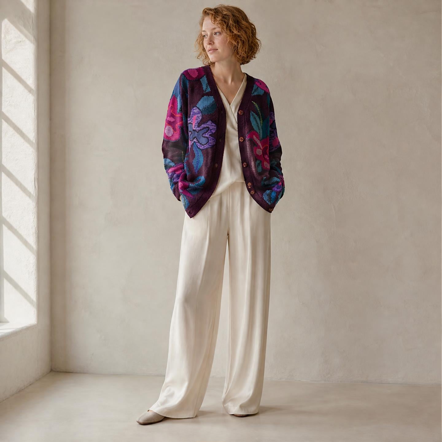 Long hand knitted alpaca cardigan with bold floral details and artisan buttons