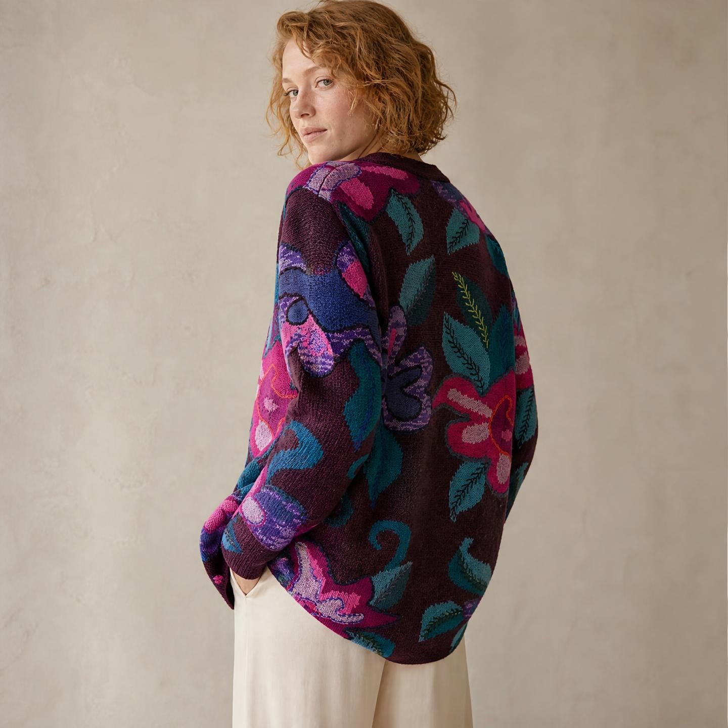 Genevieve 100% alpaca long cardigan with fuchsia teal and purple floral pattern