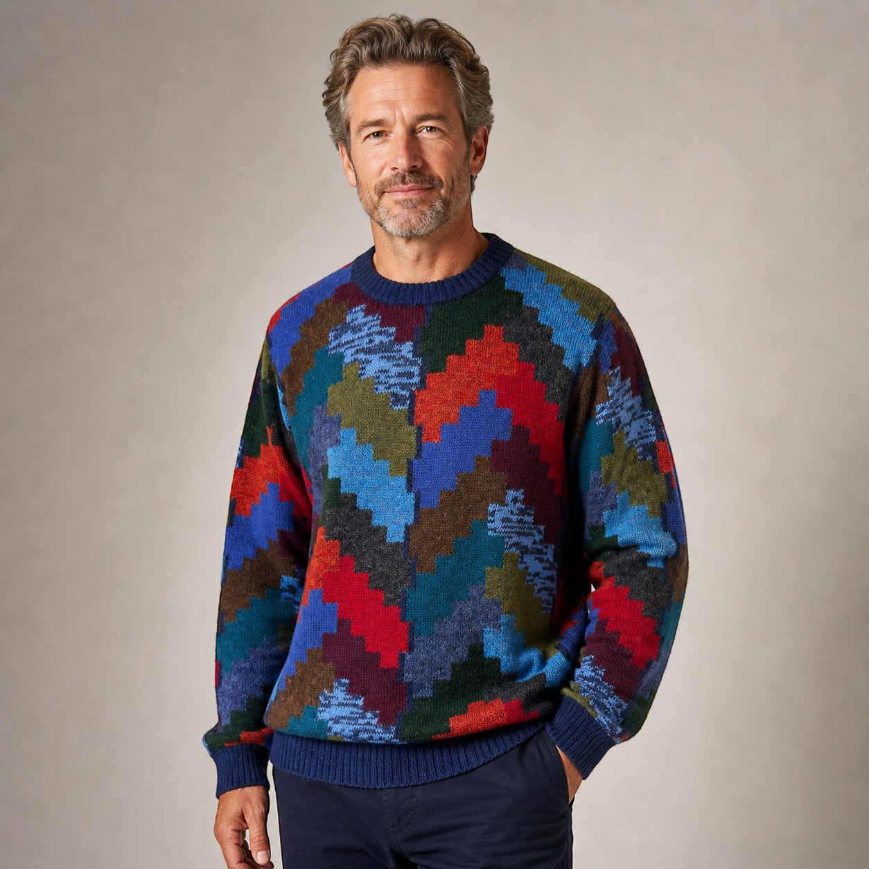 Man wearing Australian Alpaca Barn multicolour sweater
