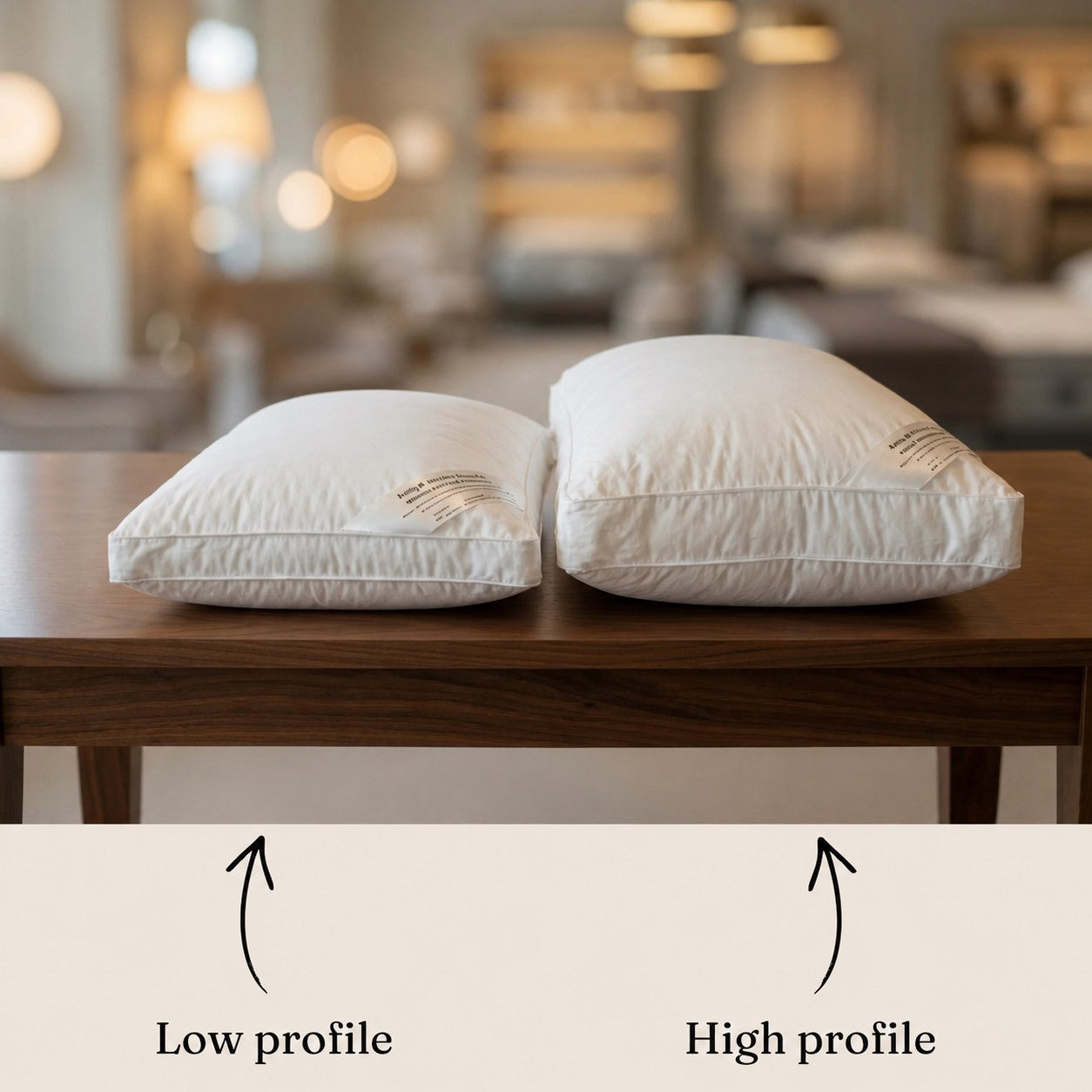 Two kelly & windsor pillows labeled 'Low profile' and 'High profile' on a wooden table with a blurred interior background.