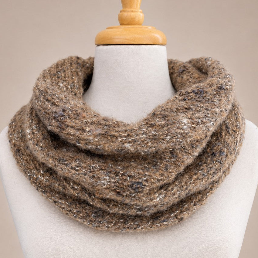 Australian Made Indulge Bouclé Alpaca Cowl in Camel brown with soft textured alpaca boucle knit.