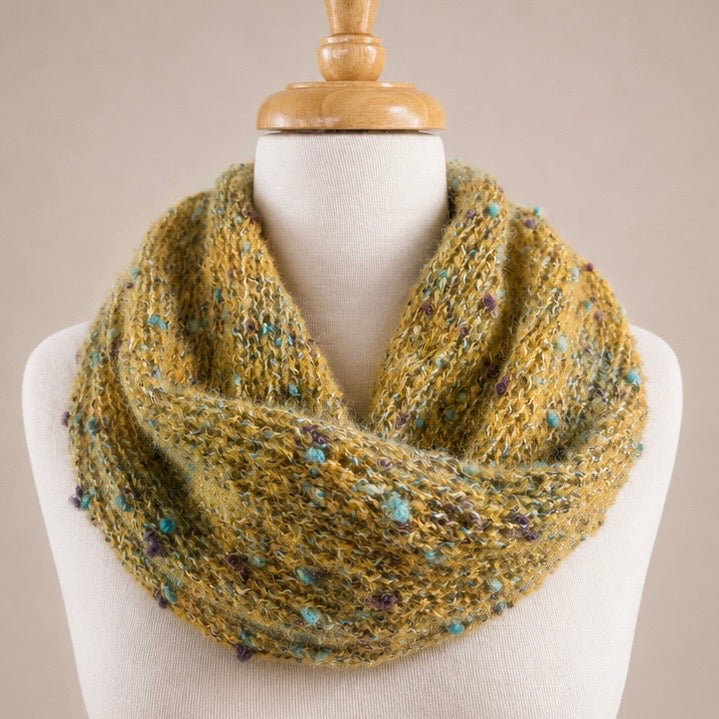 Australian Made Indulge Bouclé Alpaca Cowl in Mustard yellow with textured alpaca boucle knit and colourful flecks.